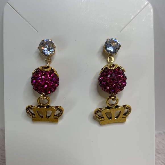 New Hand Crafted Crowns 👑 Post Earrings with Pink Glitter Ball - Picture 5 of 9